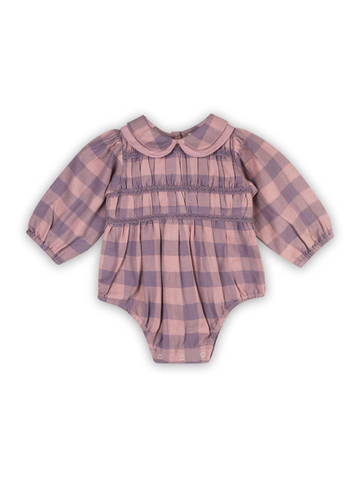 Lilac Smocked Peter Pan Gingham Baby Romper (Organic) for wholesale on Faire1