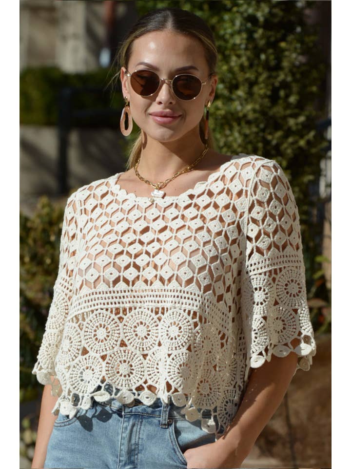 ESLEY - Wholesale Blouse - Women's - 54477TQLY- Lace Cutout Round Neck Half Sleeves Top1