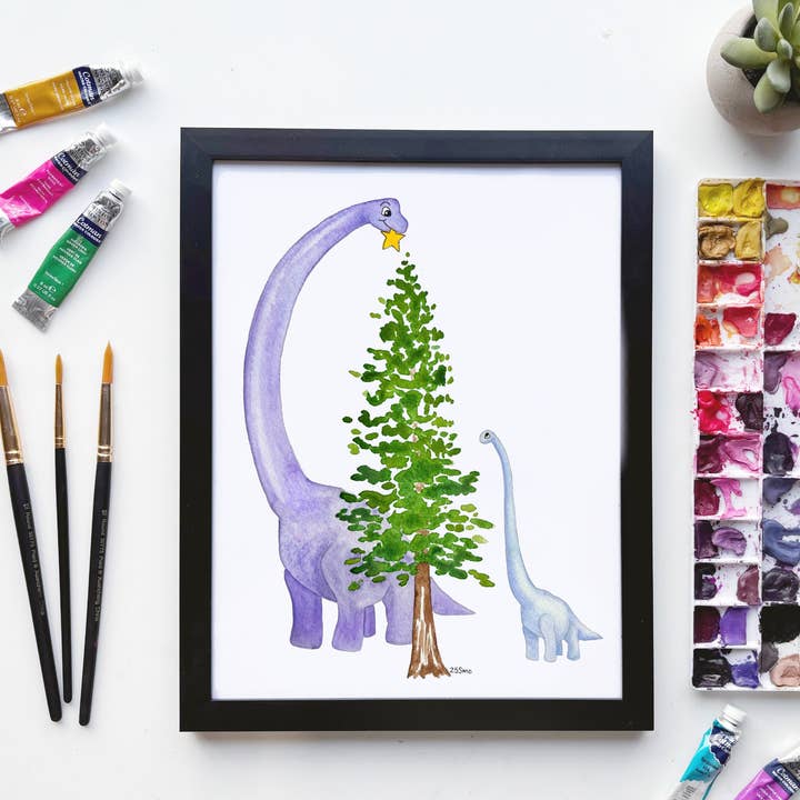 Brachiosaurus Christmas Tree Print – Holiday Dinosaur Art for wholesale by Owlfeathers Watercolor