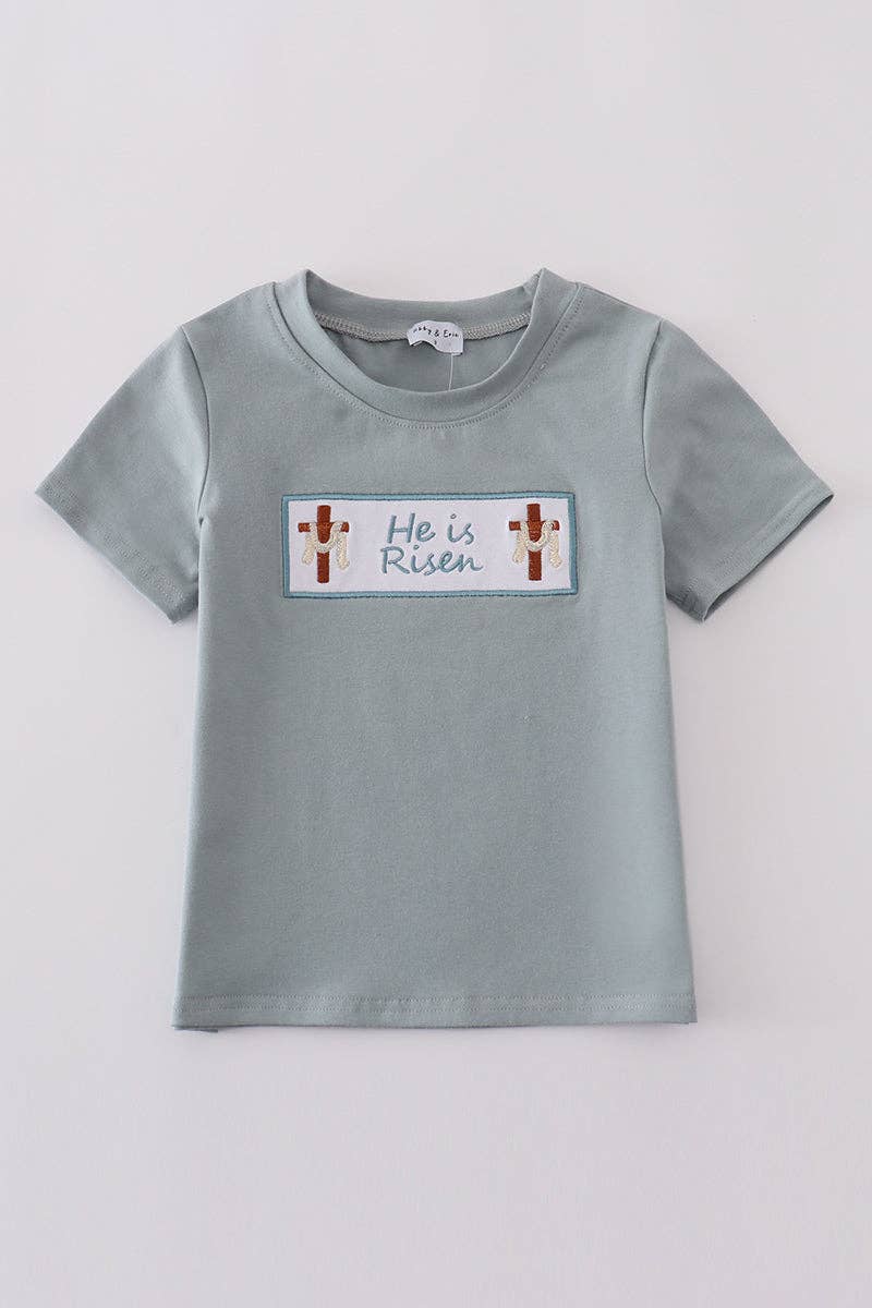 Aspen Rain Boutique - Wholesale T-shirt - Kinderen - Blauwe hij is opgestaan borduurtop0
