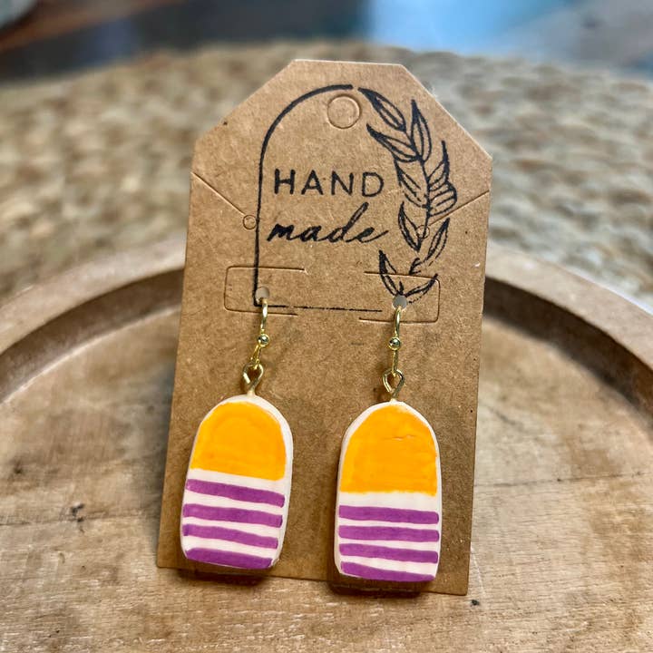 Handmade Clay Earrings - Arch Buoy Orange + Lilac for wholesale by Keely Siebenthal Art & Designs
