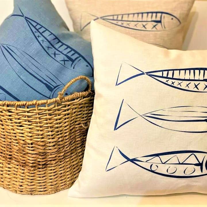 Nautical/Sardines Linen Pillow for wholesale by Ox Bow Decor