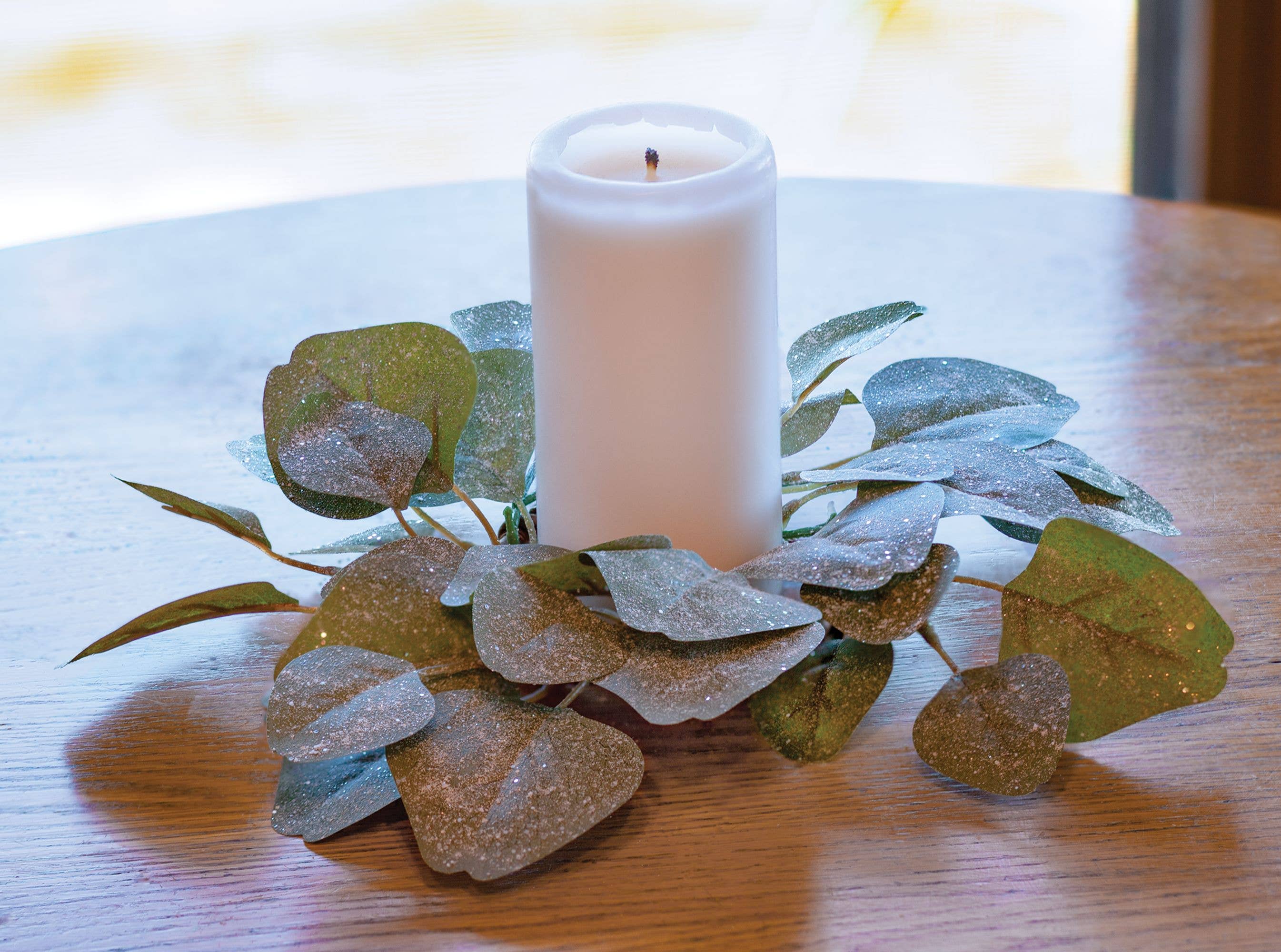 Saybrook Lane - Wholesale Candle Holder - Frosted Dollar Eucalyptus Leaf Candle Ring, 3.5"1
