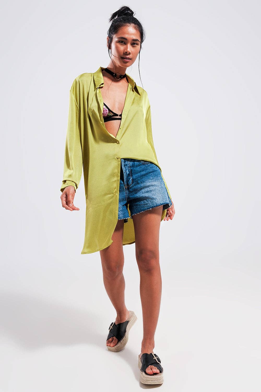 Long sleeve satin button front shirt in green for wholesale on Faire2