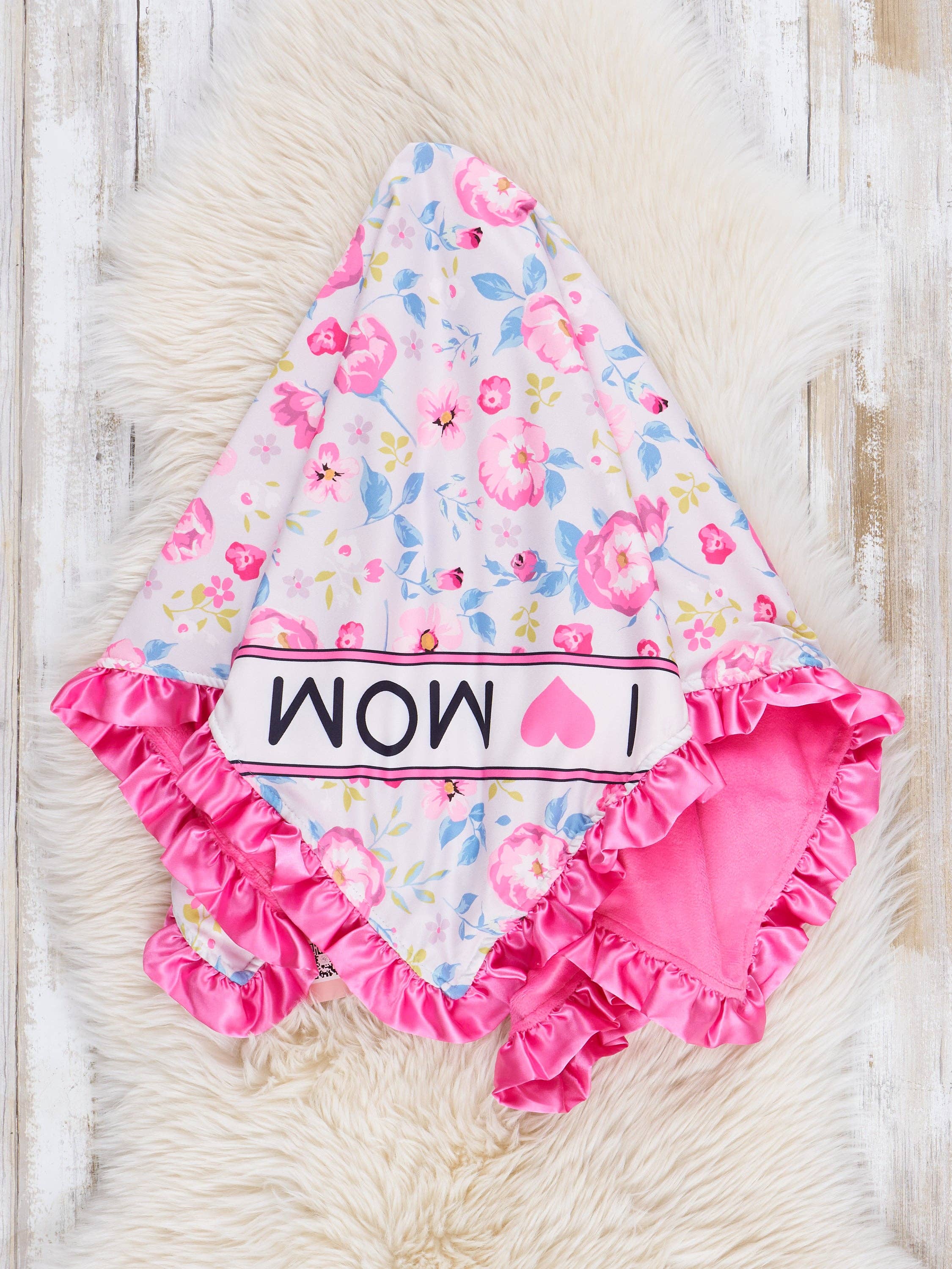 Marie Nicole Clothing - Wholesale Bedding Blanket - Kids & Baby - Sweet Pink Floral Mom Love Ruffle Minky Blanket0