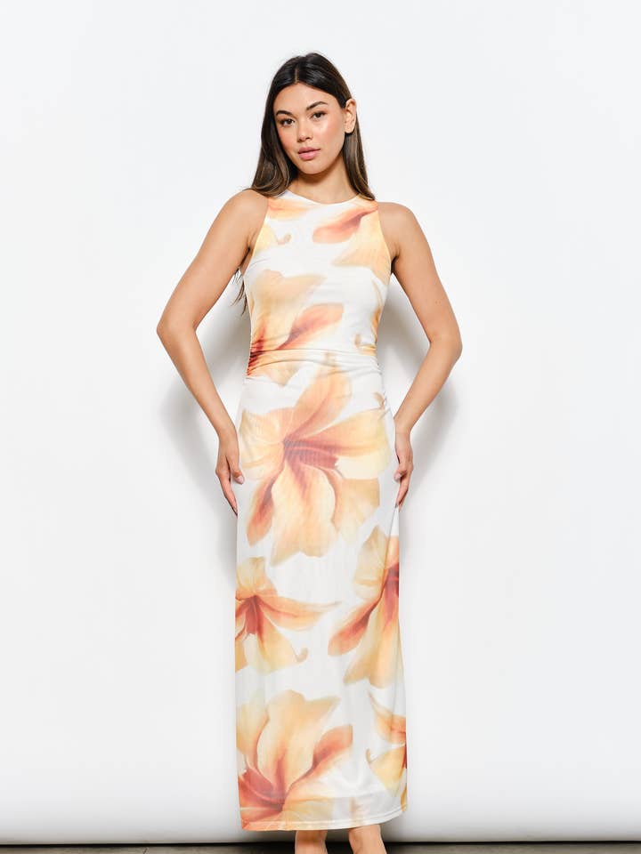 PRINT MESH RUCHING DETAIL MIDI DRESS for wholesale by Pretty Garbage