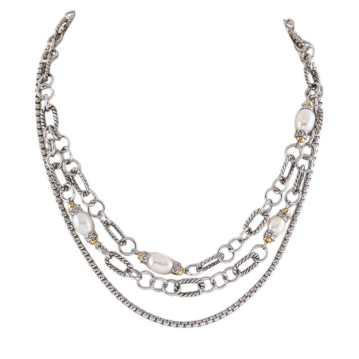 CZ & Pearl Stationed Layer Necklace for wholesale by LA Jewelry Plaza