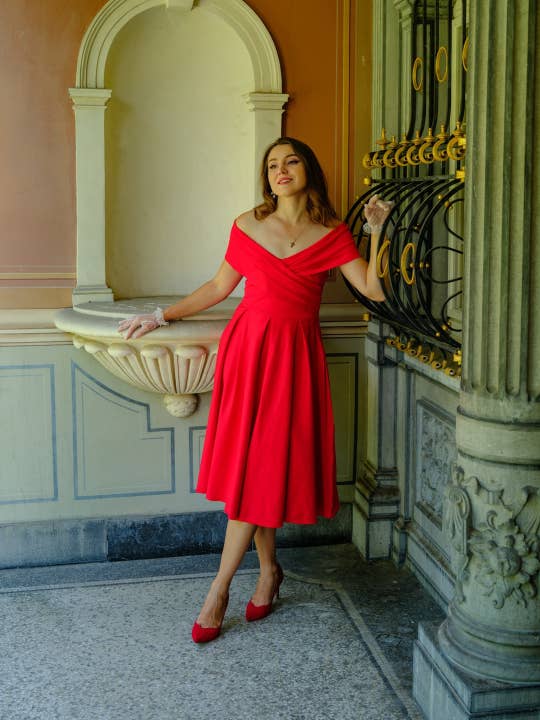 Beverly Red Midi Cross-Over Off-Shoulder Dress for wholesale by Dolly & Dotty