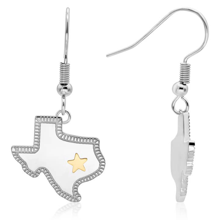 Texas State Shape French Hook Earrings with Gold Lone Star for wholesale by Joyful Sentiments
