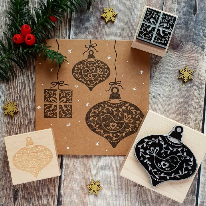 Christmas Scandi Bird Baubles and Present Rubber Stamps for wholesale by Skull and Cross Buns Rubber Stamps