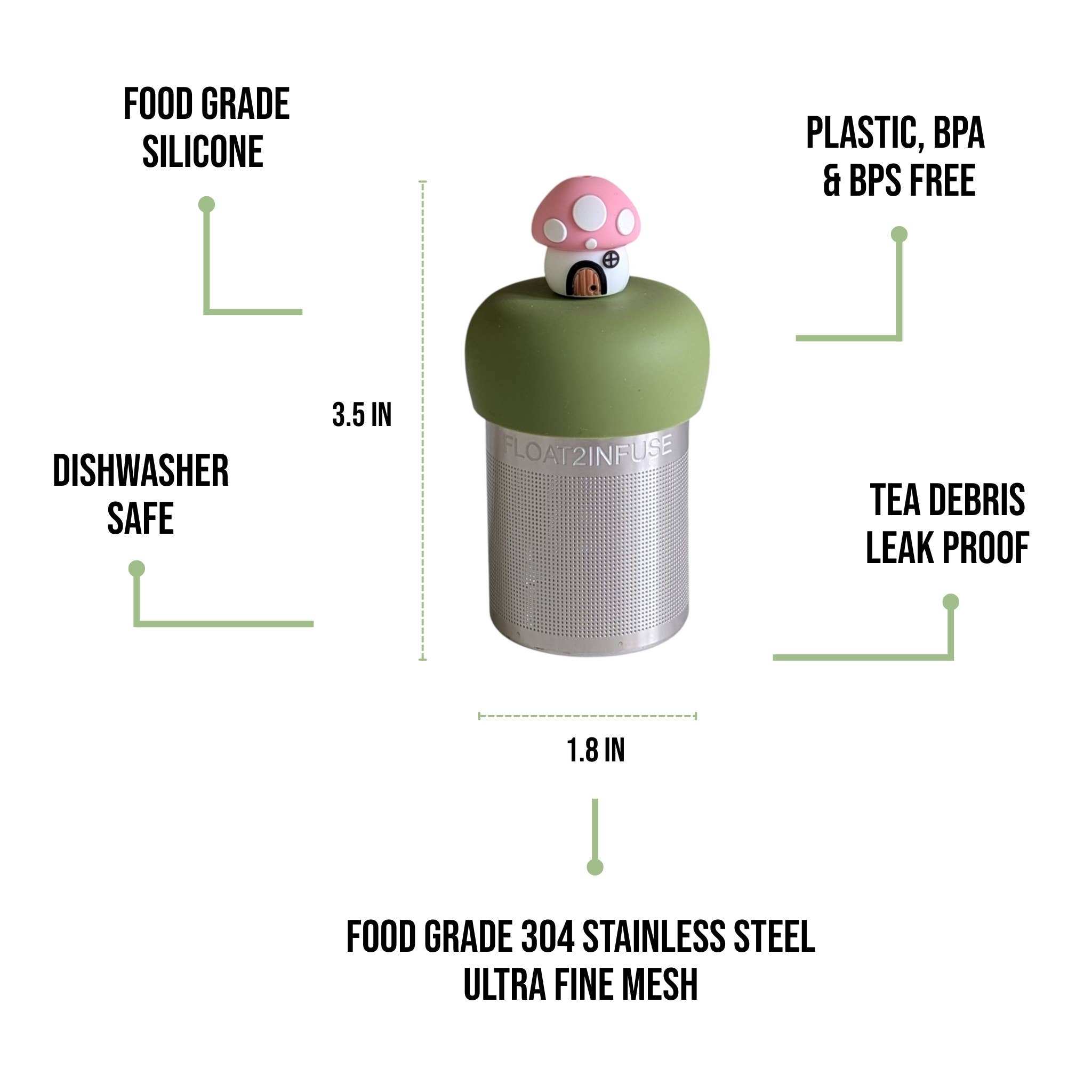 Float2infuse Tea Infuser - Wholesale Tea Strainer/Infuser - Mushroom Cottage | Floating Tea Steeper | Green Base | Pink3