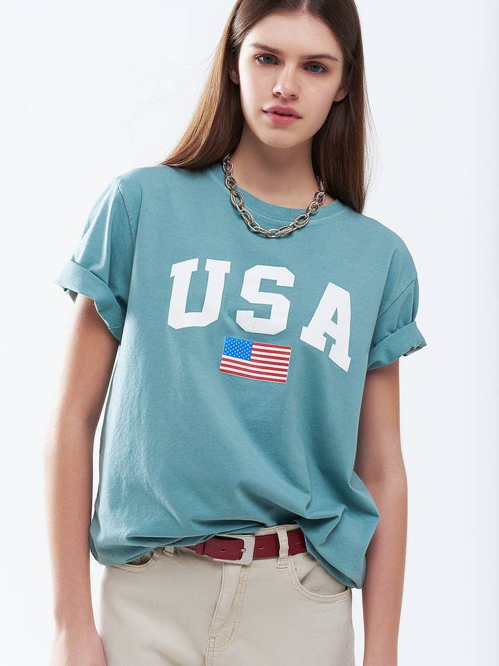 Green loose long t-shirt with USA logo for wholesale by Q2—All Orders:Free Duties for the US,UK,and Canada