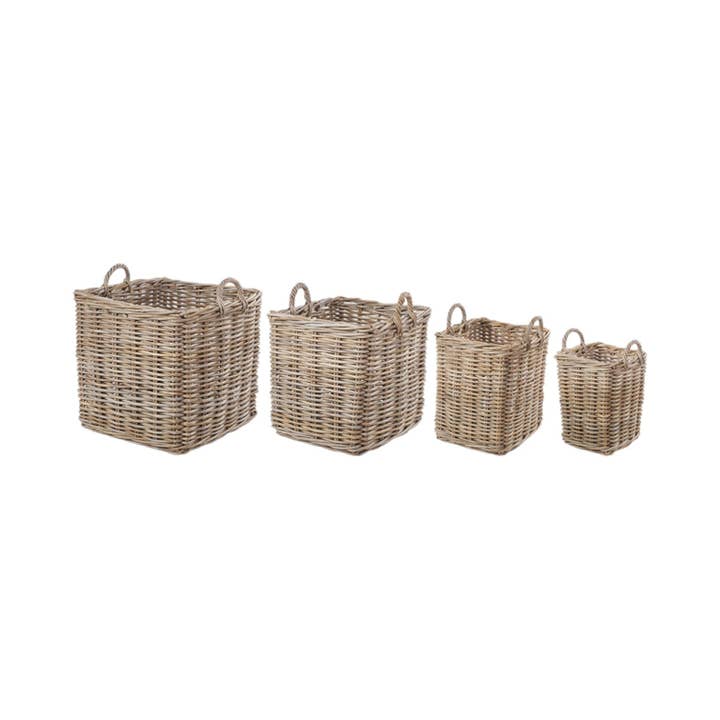 Set di 4 cesti quadrati in rattan grigio Kubu per la vendita all'ingrosso da parte di Red Hamper