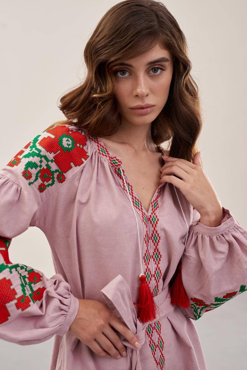 Handmade Originals Ukraine - Wholesale Dress - Women's - Embroidered Dress Paris Bouquet Pink1