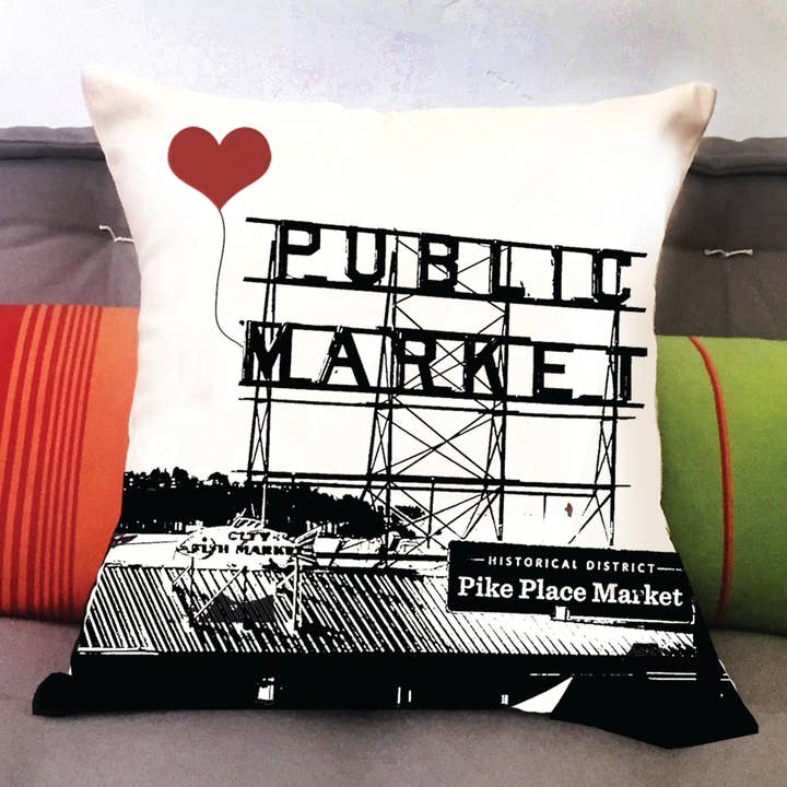 Seattle Pike Place Market 16”x16” Square Canvas Pillow for wholesale by noteify