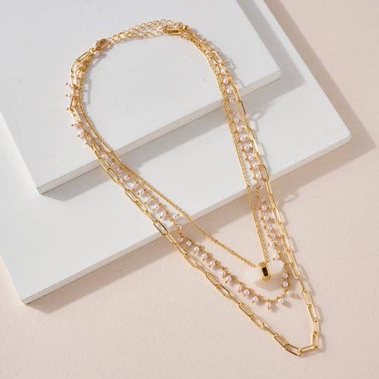 StarryNYC - Wholesale Pendant/Charm Necklace - 3 Line Multi Chain Necklace Crystal / Pearl / Paperclip