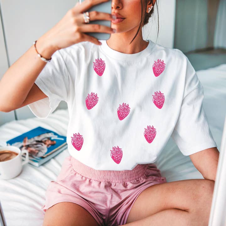 Vintage strawberry t-shirt, all-over berry hand printed unisex tee, unique block print fruit tshirt, spring summer shirt, ethical fashion for wholesale by M.E. Image