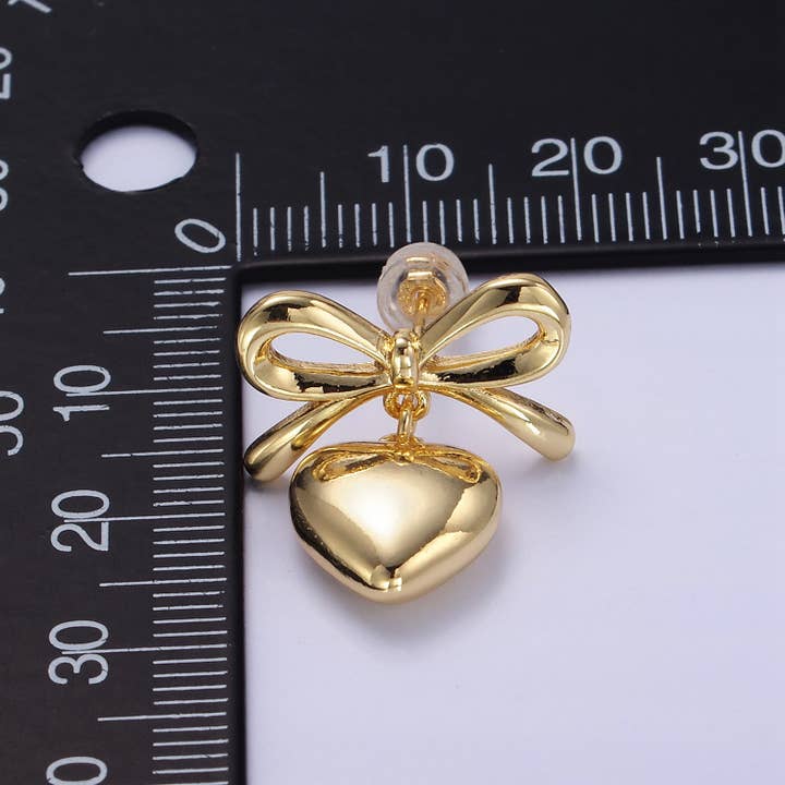 Aim Eternal - Wholesale Stud/Post Earrings - 24k Gold Filled Heart Drop Ribbon Stud Earrings | V069 V070