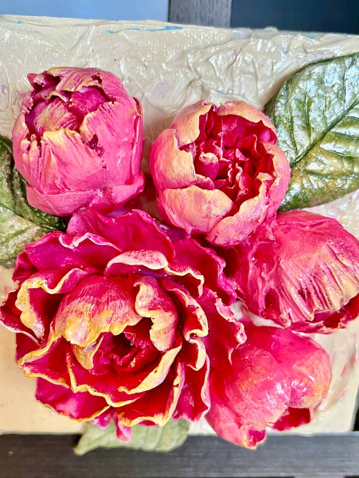 6X6 inch Clay Floral Bouquet Art - Open Peony w/buds for wholesale by TamScottArt
