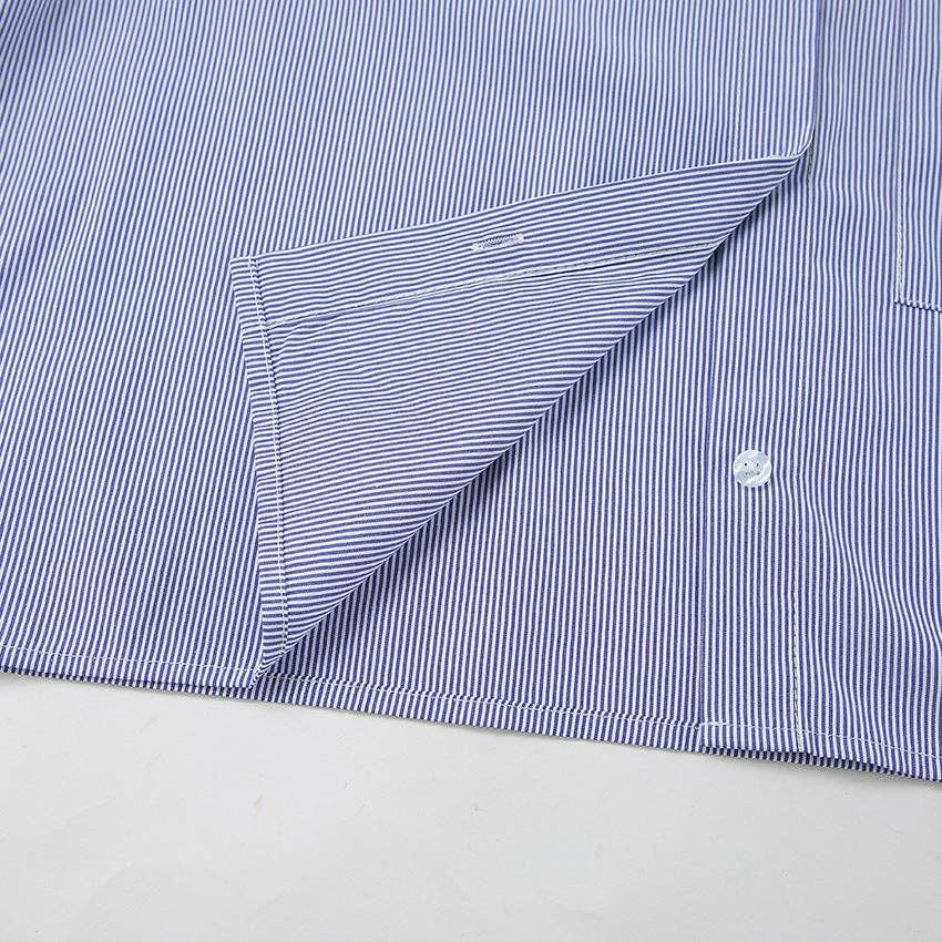 Bleu Chemise courte rayée à manches longues pour femmes SKT270 en vente sur Faire17