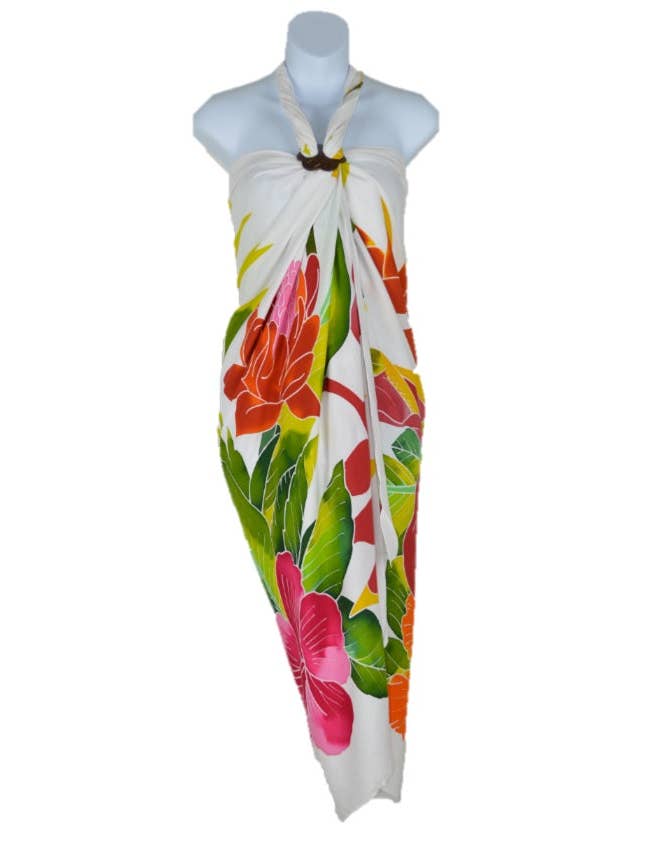 Island Style Clothing Co by Akamai Distribution Ltd - Wholesale Swim Cover Up - Women's - Batik Sarong | Handpainted Flowers | Tropical White | Pareo