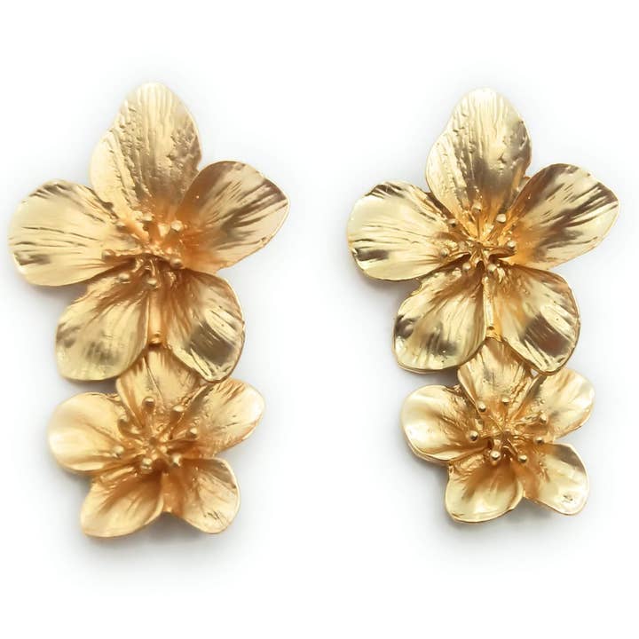 Double Flower Gold Long Earrings · Matte Gold for wholesale by BRANDELIA
