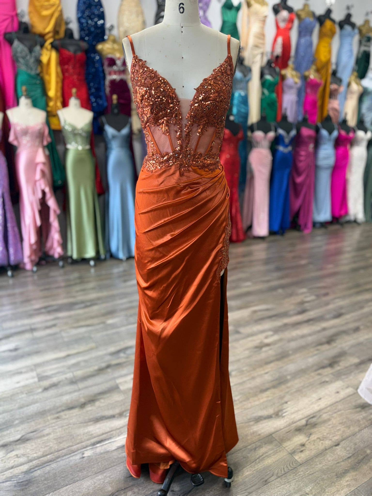 La Veneto - Wholesale Dress - Women's -  Deep v-neckline, thin straps, embellished bodice & leg slit3