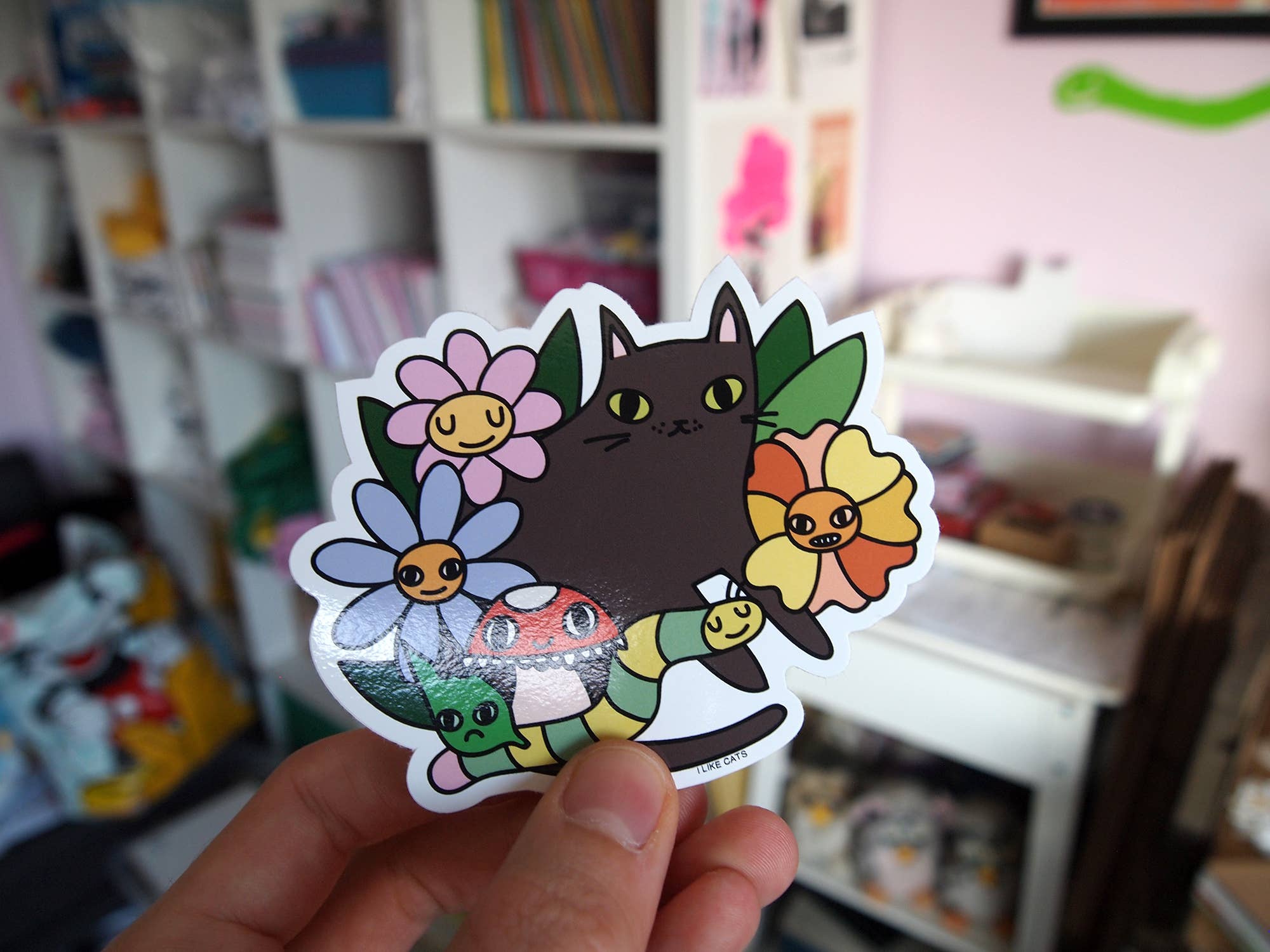 I LIKE CATS - Wholesale Sticker - Black cat with flowers, bugs and mushroom vinyl sticker7
