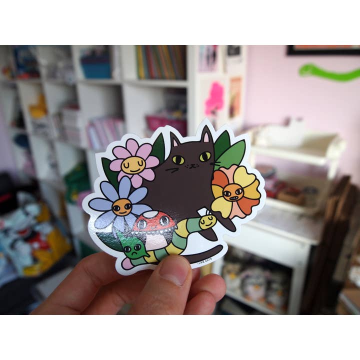 I LIKE CATS – wholesale Sticker – Black cat with flowers, bugs and mushroom vinyl sticker7