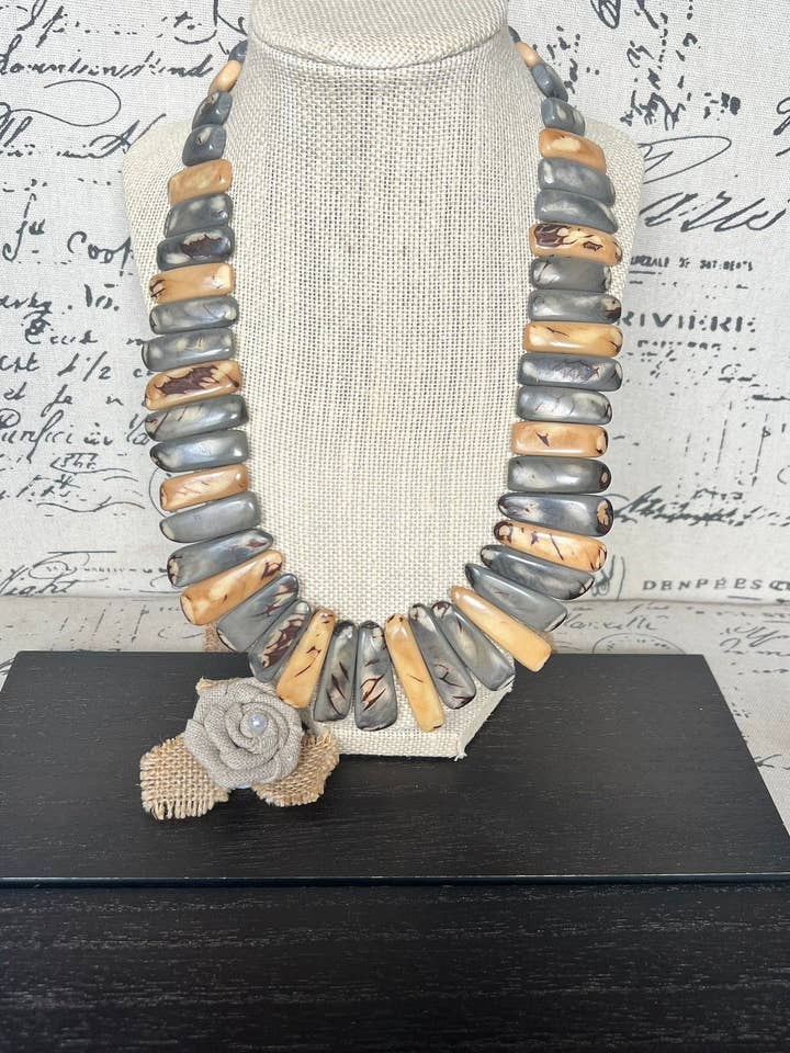 Gray and Peach Tagua Nut Necklace, Boho Statement Jewelry, Fall Fashion, Lightweight beaded necklace for wholesale by Galapagos Tagua