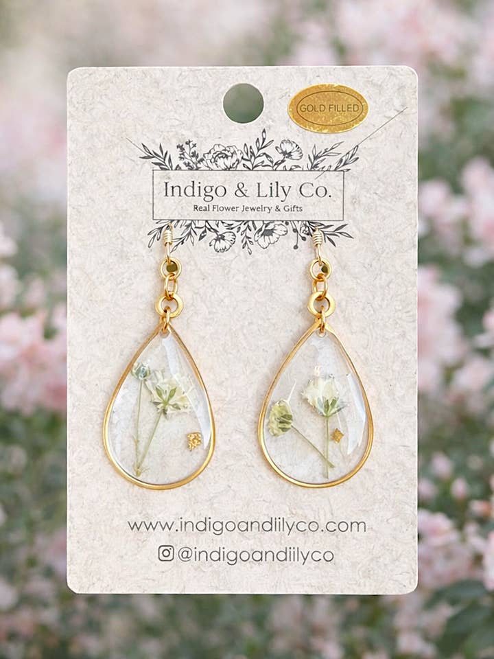 Pressed Baby's Breath Earrings, 14k gold filled for wholesale by Indigo & Lily Co.