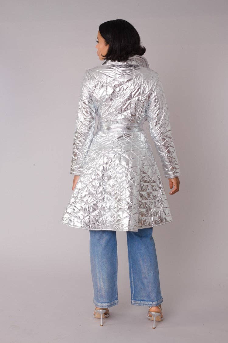 SILVER Metallic Quilted Wrap Coat - 82653 for wholesale on Faire0