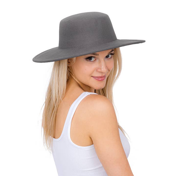 Cap Zone - Wholesale Boater Hat - Unisex - Simplistic Plain Rancher Flat Top Wide Brim Felt Boater Hat