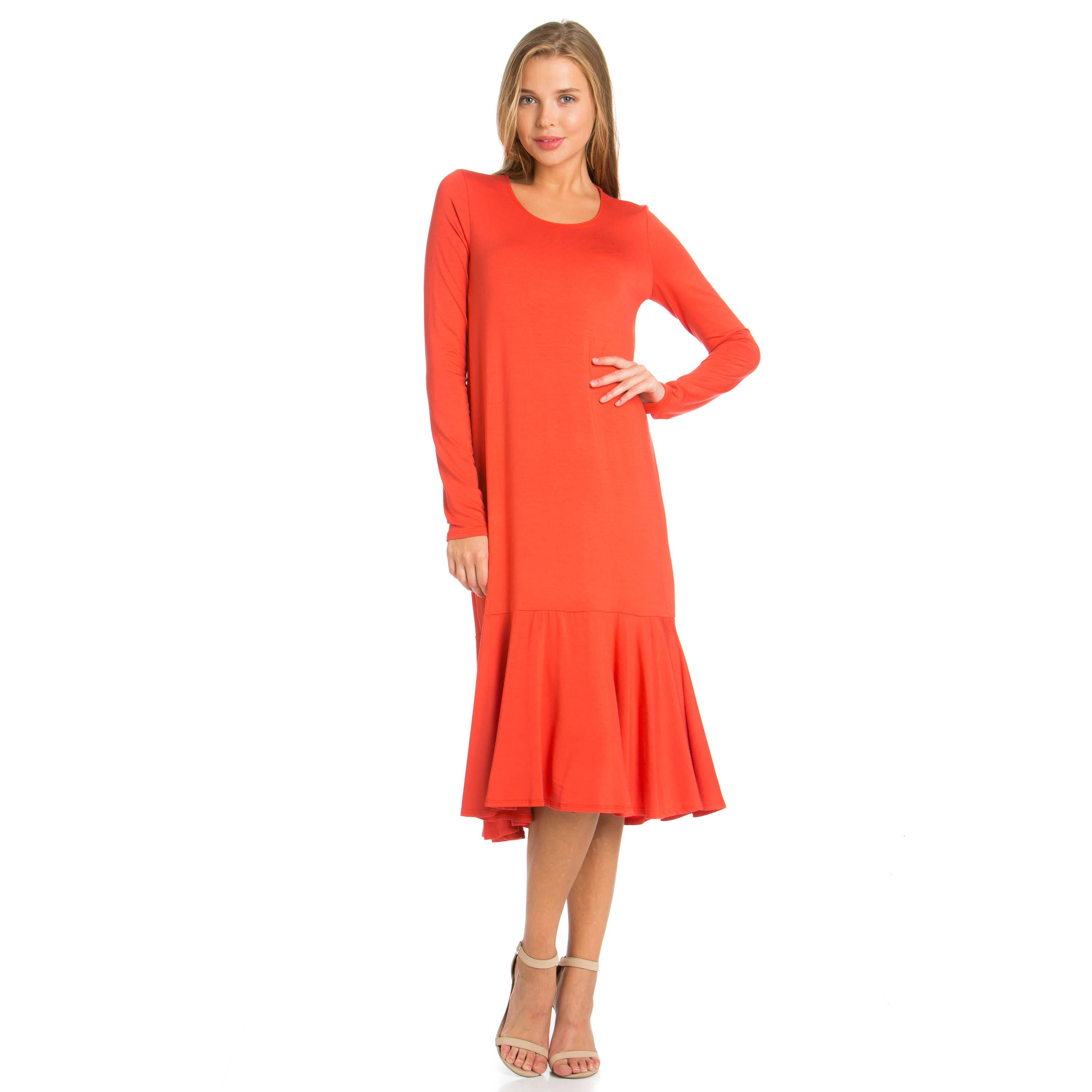 Azules Clothing - Wholesale Dress - Women's - ADM-8258RS Ruffle Hem Long Sleeve Midi Dress12
