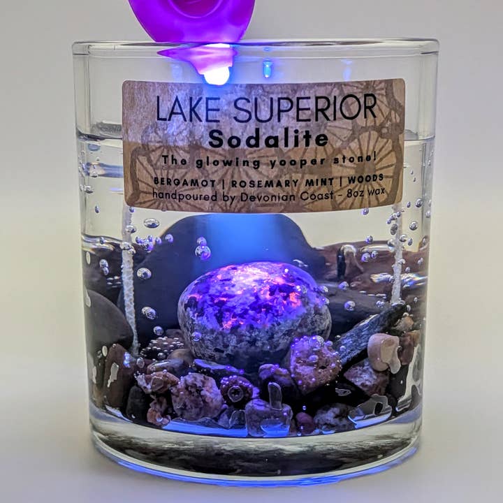 Lake Superior Sodalite (Yooperlite) Gel TREASURE CANDLE! for wholesale by Devonian Coast