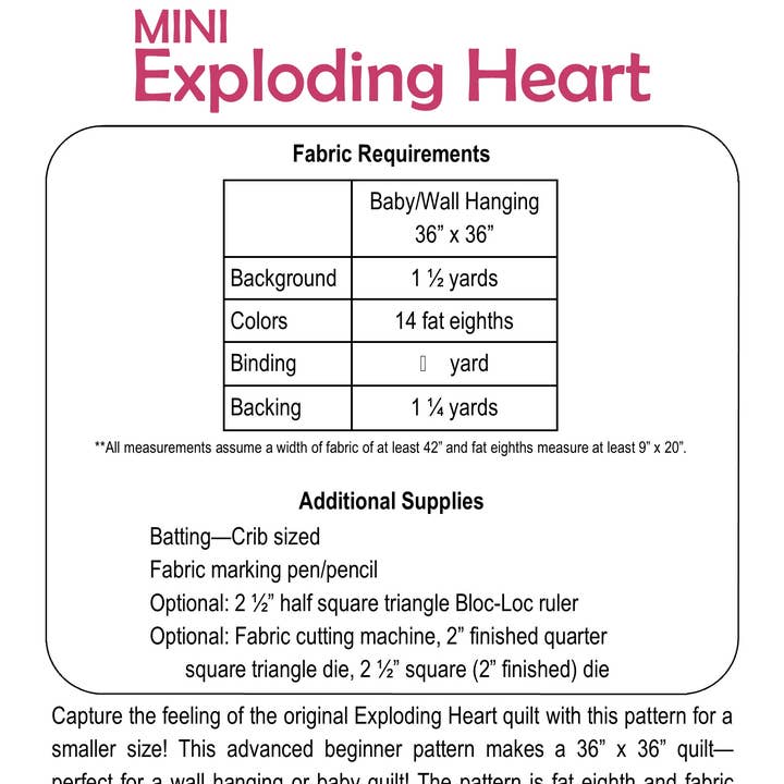 Slice of Pi Quilts - Wholesale Craft Sewing Kit - MINI Exploding Heart Quilt Pattern1