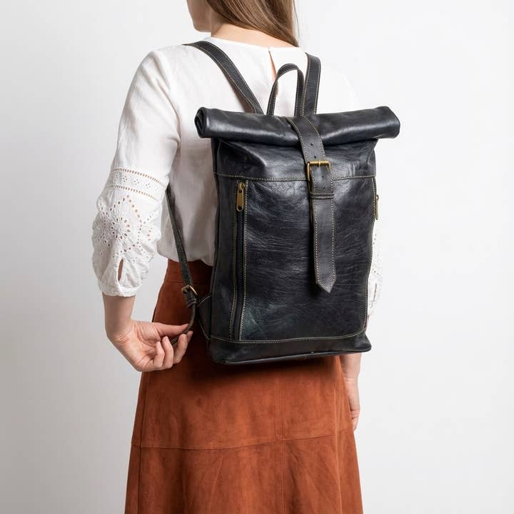 Vintage Style Leather Roll Top Backpack - Rustic Travel Bag for wholesale by Melecraft