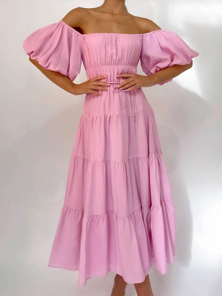 D2023ES0006- Puff Sleeves Off-the-shoulder Maxi Dress for wholesale by MOREGLAM