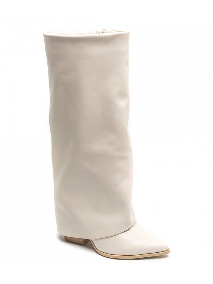 BEIGE FOLDE OVER MID BLOK HÆL KNÆHØJ VESTERN COWBOYSTØVLE for engroshandel hos No Doubt Shoes