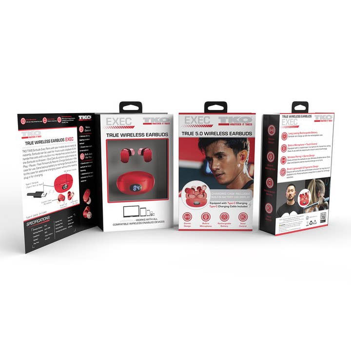 TKO Exec Sport TWS Earbuds With Battery Indicator - Red for wholesale by Lifeware Group LLC