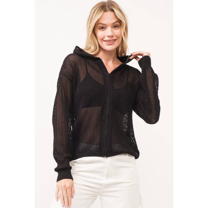 BLACK HQT0001 - Knitted Zip-Up Hooded Cardigan for wholesale on Faire