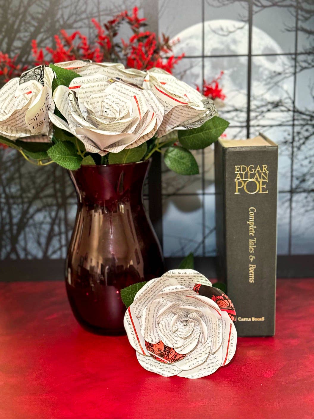 Literary Blooms - Wholesale Artificial Flowers - Edgar Allen Poe Paper Rose made from Upcycled Books- 3 Sizes8