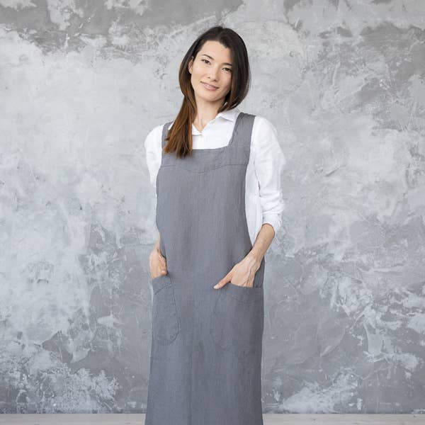 Linen Back Cross Apron Steel Grey Stone Washed for wholesale by LinenMe