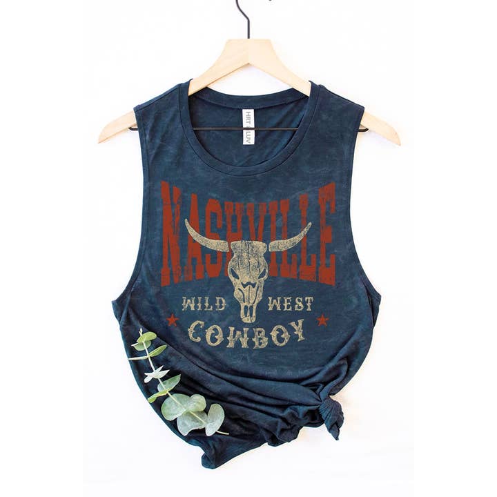 HRTandLUV - Wholesale Tank Top - Women's - NASHVILLE WILD WEST COWBOY GRAPHIC TANK TOP