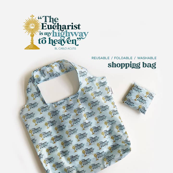 The Eucharist Carlo Acutis Foldable Shopping Reusable Bag for wholesale by The Stump of Jesse