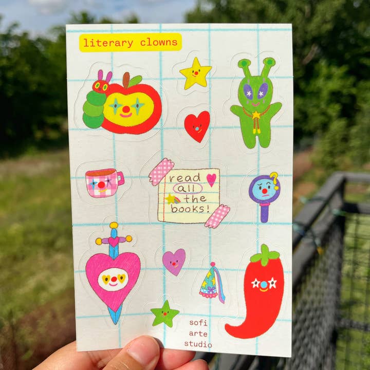 Literary Clowns Sticker Sheet for wholesale by Sofi Arte Studio