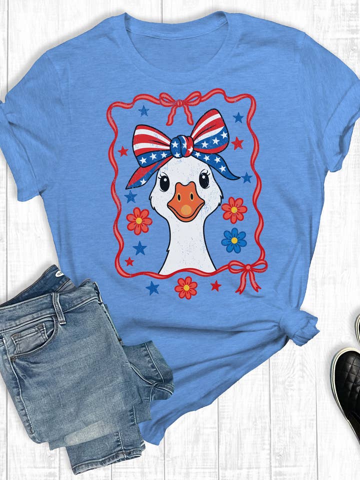 Heather Blue 4th Of July Mama Goose Graphic Tee for wholesale on Faire