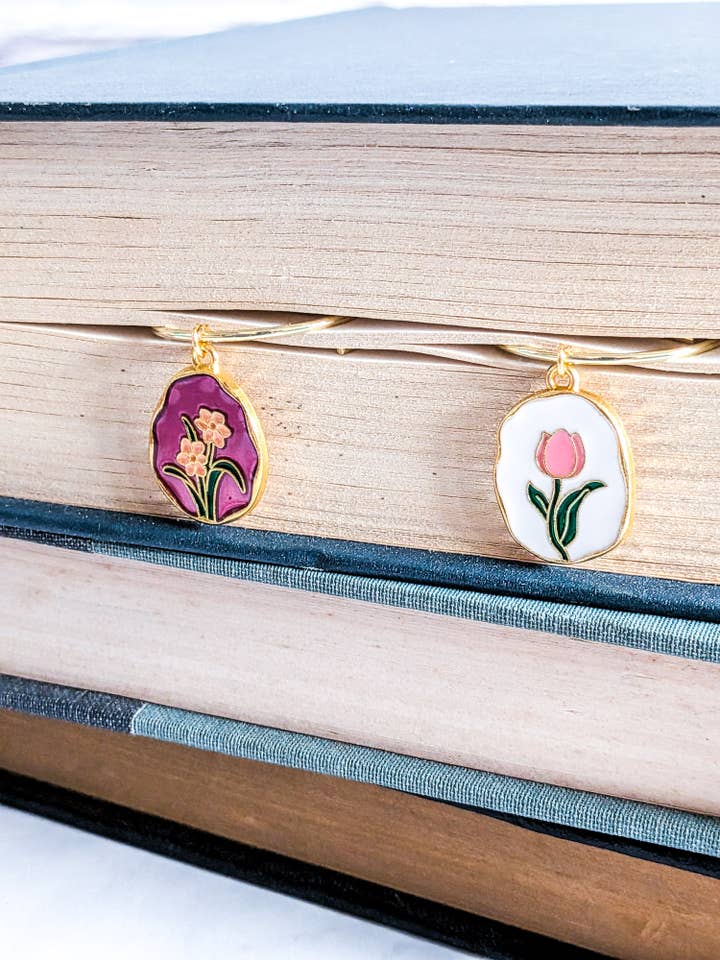 Enamel flower Charm Metal Clip Bookmark, tulip, narcisu for wholesale by Bookish Trinkets