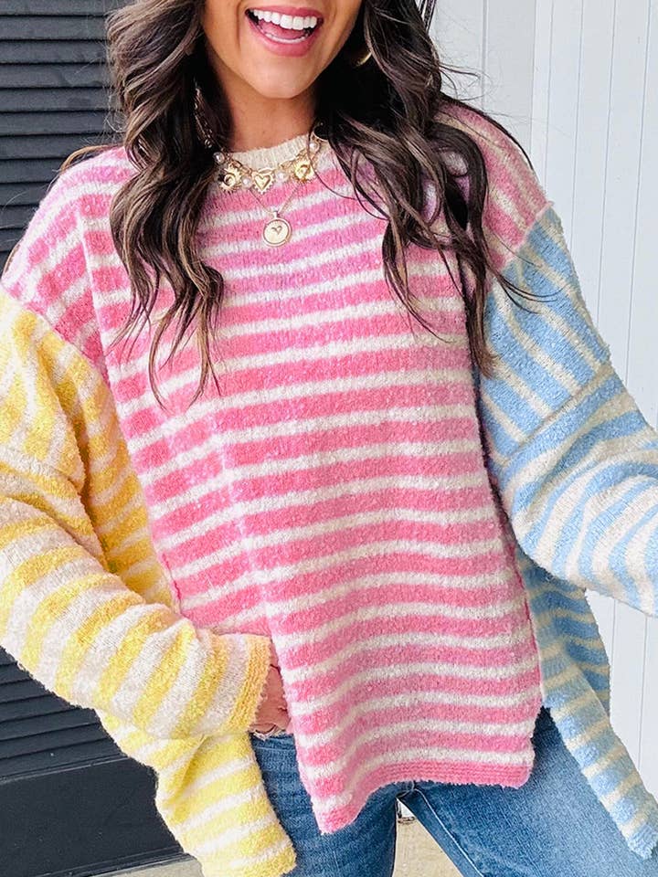 Sweater med flerfarvet farveblok, stribet patchwork, dolmanærmer og slids for engroshandel hos Lovesoft