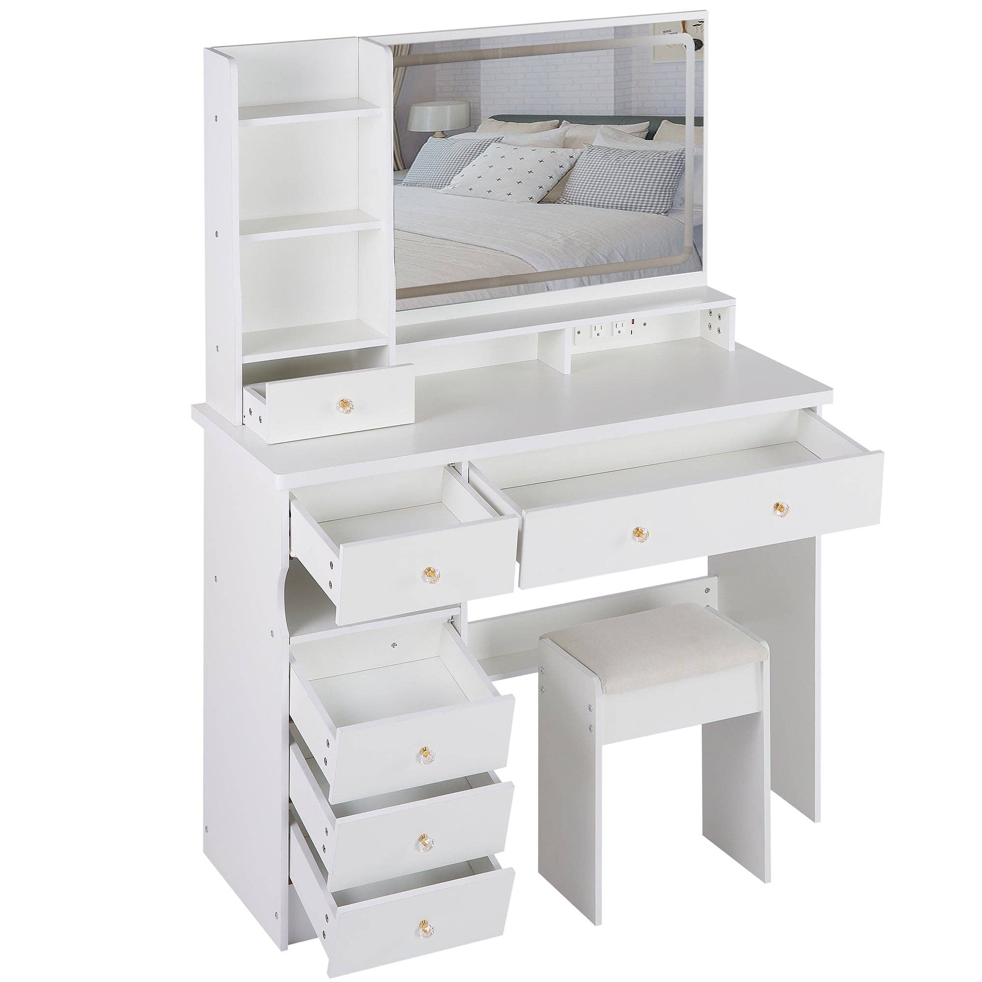 39F Inc. - Vente Miroir de courtoisie - Ensemble de coiffeuse blanche de 41'' avec station d'alimentation et miroir LED16